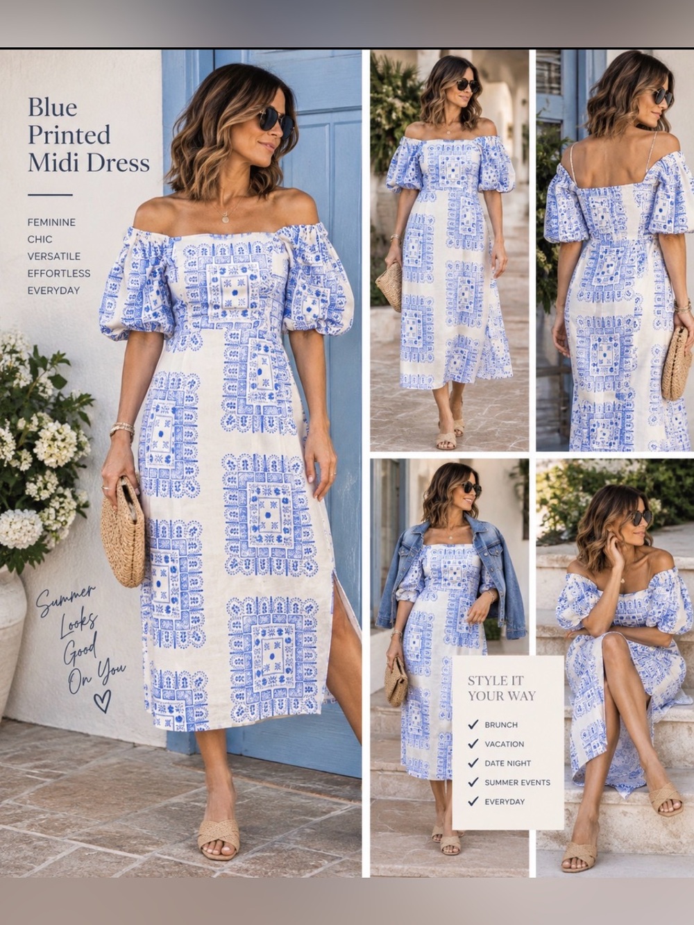 Blue printed square neck midi dress